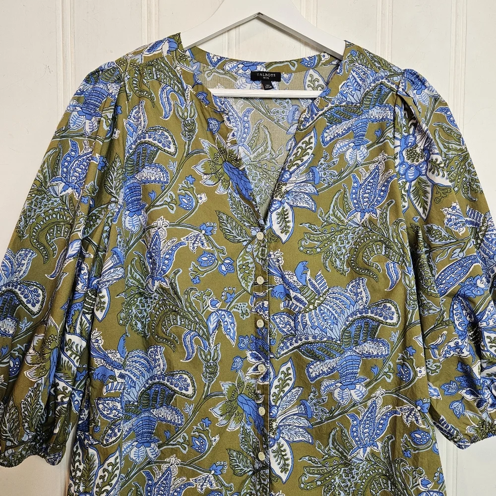 Talbots Petite 14P Floral Poplin Shirtdress Tie Waist Cotton Pockets